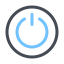 Illustrated power off button in black outline with power symbol in blue.